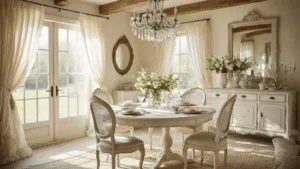 "Sunlit shabby chic dining room with vintage French provincial furniture, a crystal chandelier, and lace curtains in soft cream tones"