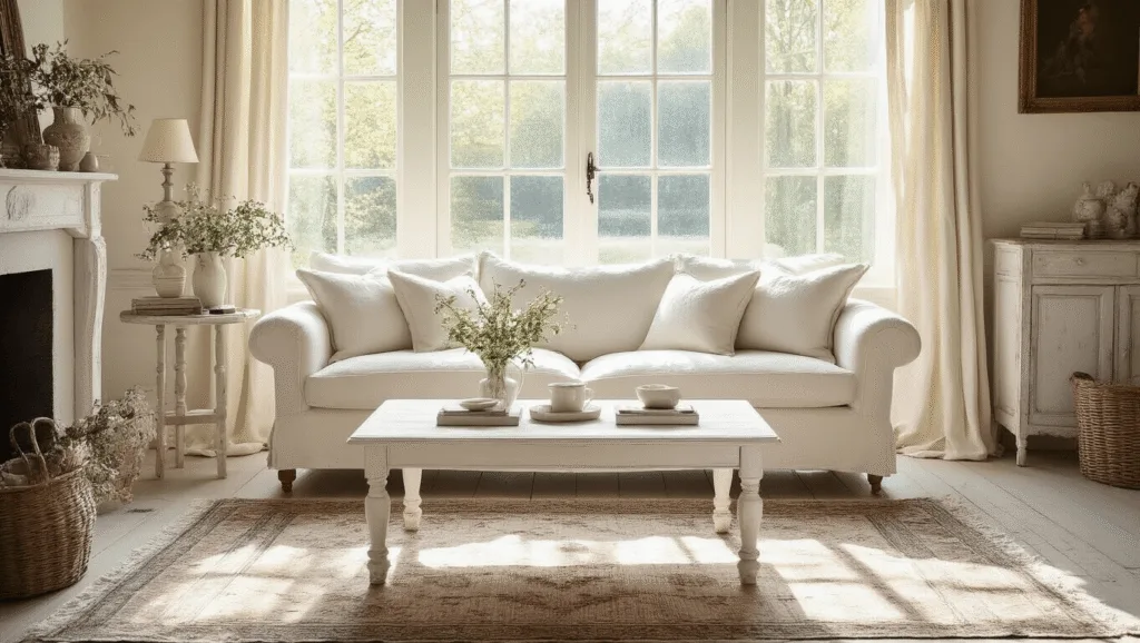 "Sunlit shabby chic living room with cream linen sofa, distressed coffee table, vintage rugs, and French provincial décor in soft morning light"