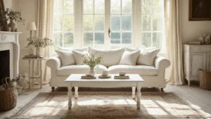 "Sunlit shabby chic living room with cream linen sofa, distressed coffee table, vintage rugs, and French provincial décor in soft morning light"