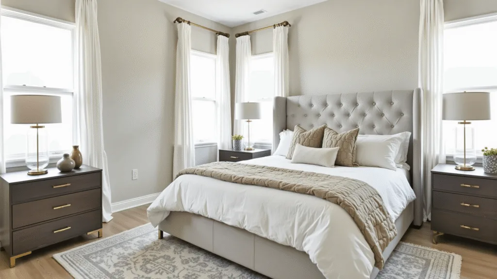 "Transitional bedroom in neutral tones with king-size bed, modern nightstands, and morning light filtering through sheer curtains"