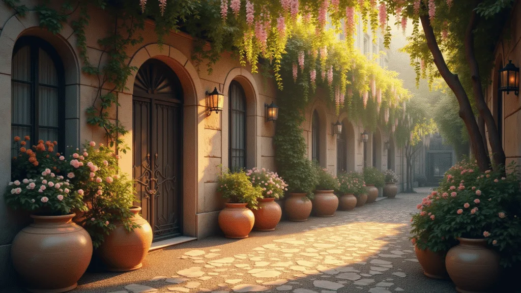 "Vintage European courtyard with limestone walls, climbing roses, terracotta pots, iron gate, wisteria canopy, and golden sunset light"