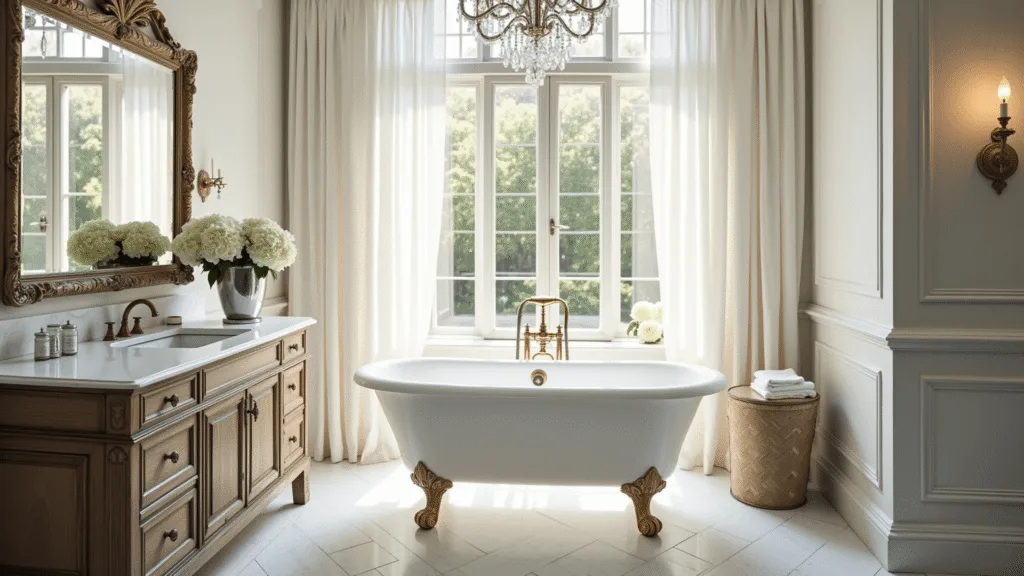 "Vintage modern bathroom with white clawfoot tub, Carrara marble floor, oak vanity and Georgian window with morning light"