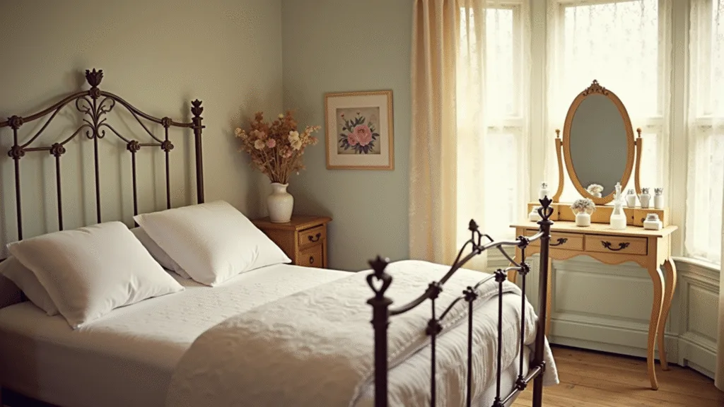 "Vintage romantic bedroom with iron bed, antique vanity, lace curtains and decor in warm golden light"