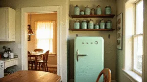 "Sunlit vintage kitchen with white Hoosier cabinet, mint green Smeg refrigerator, copper pots and blue Mason jars on wooden shelves"