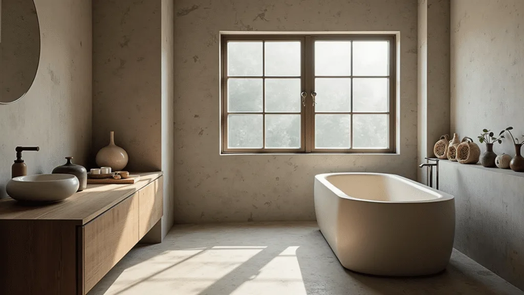 "Wabi-sabi style bathroom with natural stone bathtub, concrete walls, ceramic vessels, taupe zellige tiles, and soft morning light"