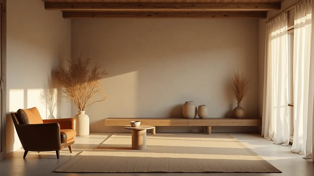 "Warm, sunlit wabi-sabi style living room with wooden beams, plaster walls, leather armchair, and natural decor elements"