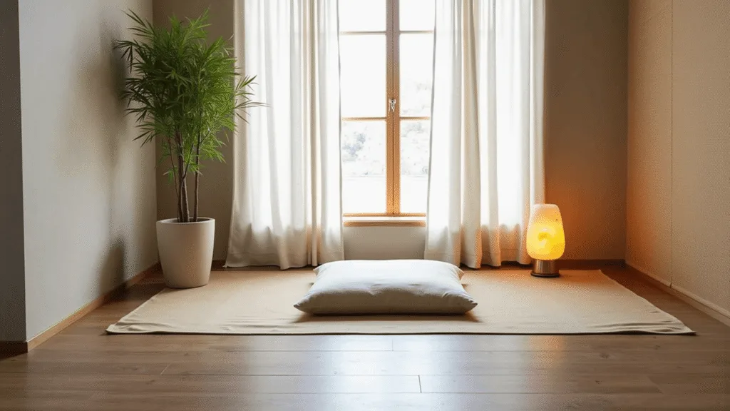 "Meditation room with soft lighting, bamboo plant, linen cushion, Himalayan salt lamp, and minimalist design"