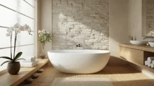 "Minimalist spa-inspired bathroom with bamboo flooring, stone wall, potted orchid, and oval tub in soft morning light"