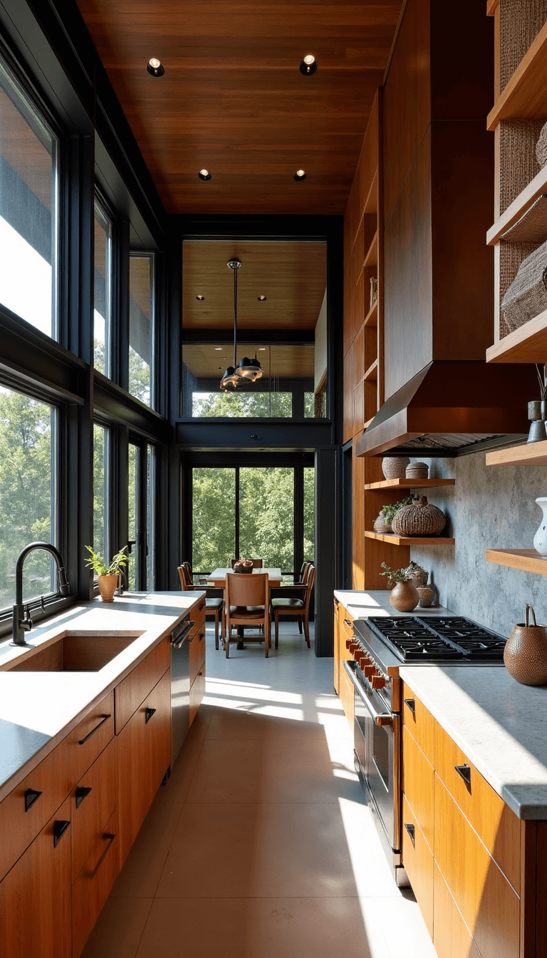 Wide-angle shot of a rustic-modern 16x20ft kitchen with double-height ceiling, detailed with blackened steel framework, warm wood cabinetry, oversized stone sink, handmade ceramic tiles, woven storage baskets on shelves, and a massive hammered copper range hood, illuminated by the dramatic afternoon light.