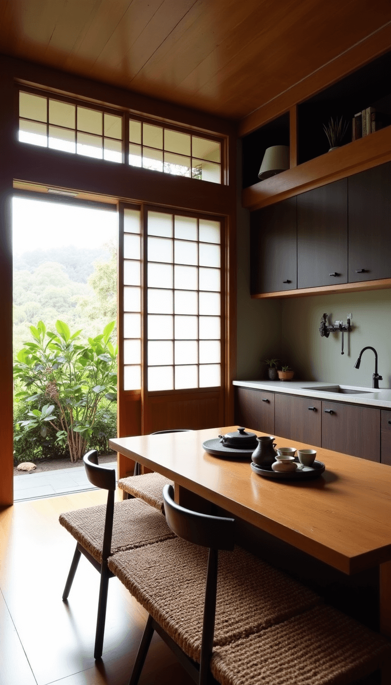 Japanese-inspired kitchen featuring bamboo cabinets, stone counters, ceramic tea set on floating shelf, tatami mat eating area, and bonsai plants, with morning light filtering through shoji screens.