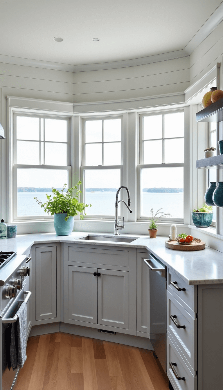 Airy coastal kitchen with light gray cabinets, white shiplap ceiling, honed marble counters, blue-green accents, and a beautiful water view through a wall of windows.
