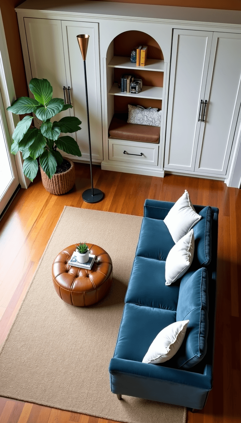Overhead view of a 200-square-foot cabin great room with herringbone jute rug, slate blue velvet loveseat, weathered leather ottoman, antique brass floor lamp, and floor-to-ceiling white built-ins.