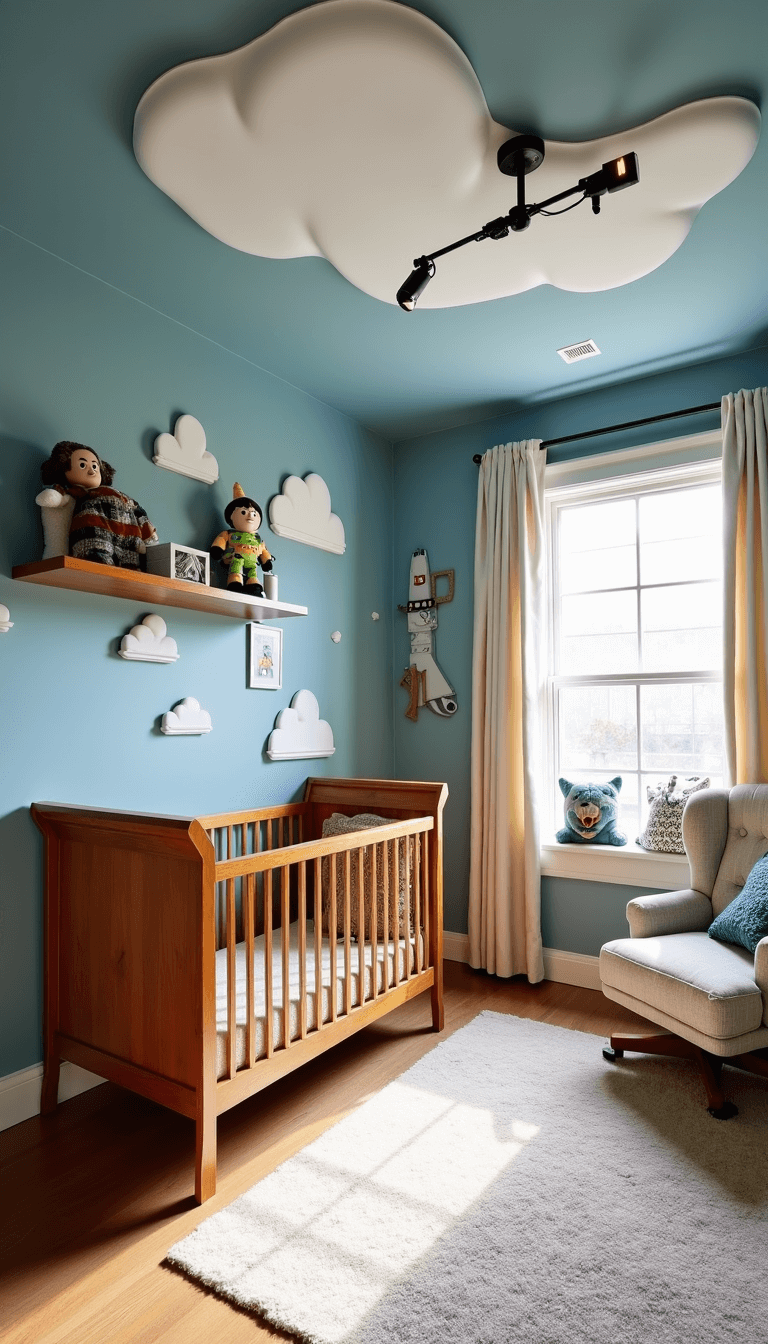 Adventure-themed nursery featuring Toy Story cloud wall, modern convertible crib, custom rocket ship shelving, and oversized plush characters, with industrial lighting fixtures and a star-shaped window.