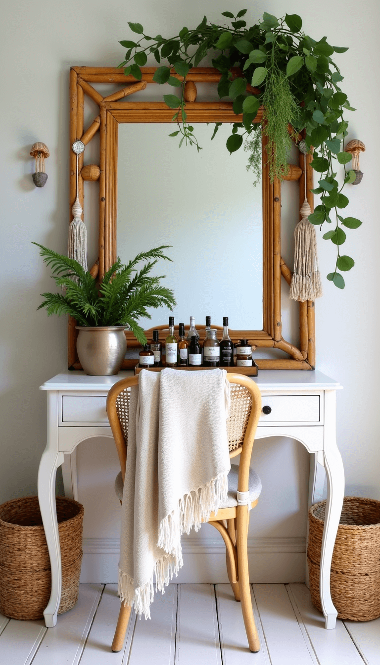 Bright midday shot of a coastal boho dressing area with vintage bamboo vanity, white baroque mirror, macramé plant hangers, rattan chair with draped Turkish towel, collection of light-catching perfume bottles, graduated size woven baskets, shell wind chimes, and sea glass accents on painted white floorboards.