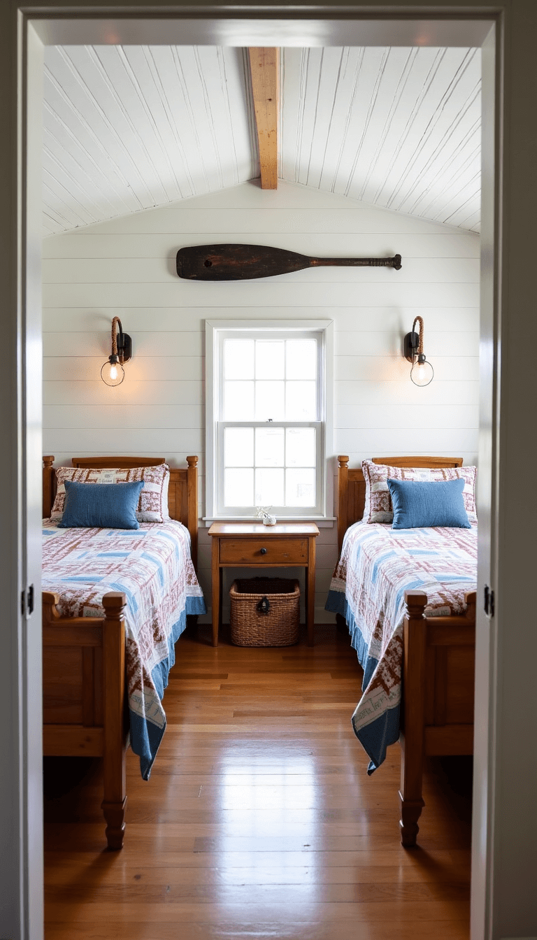 Midday view of a nostalgic 12x14ft lakeside bedroom with whitewashed shiplap walls, natural pine furniture, twin beds with vintage quilts, an oar art piece, rope pendant lights, and woven baskets.
