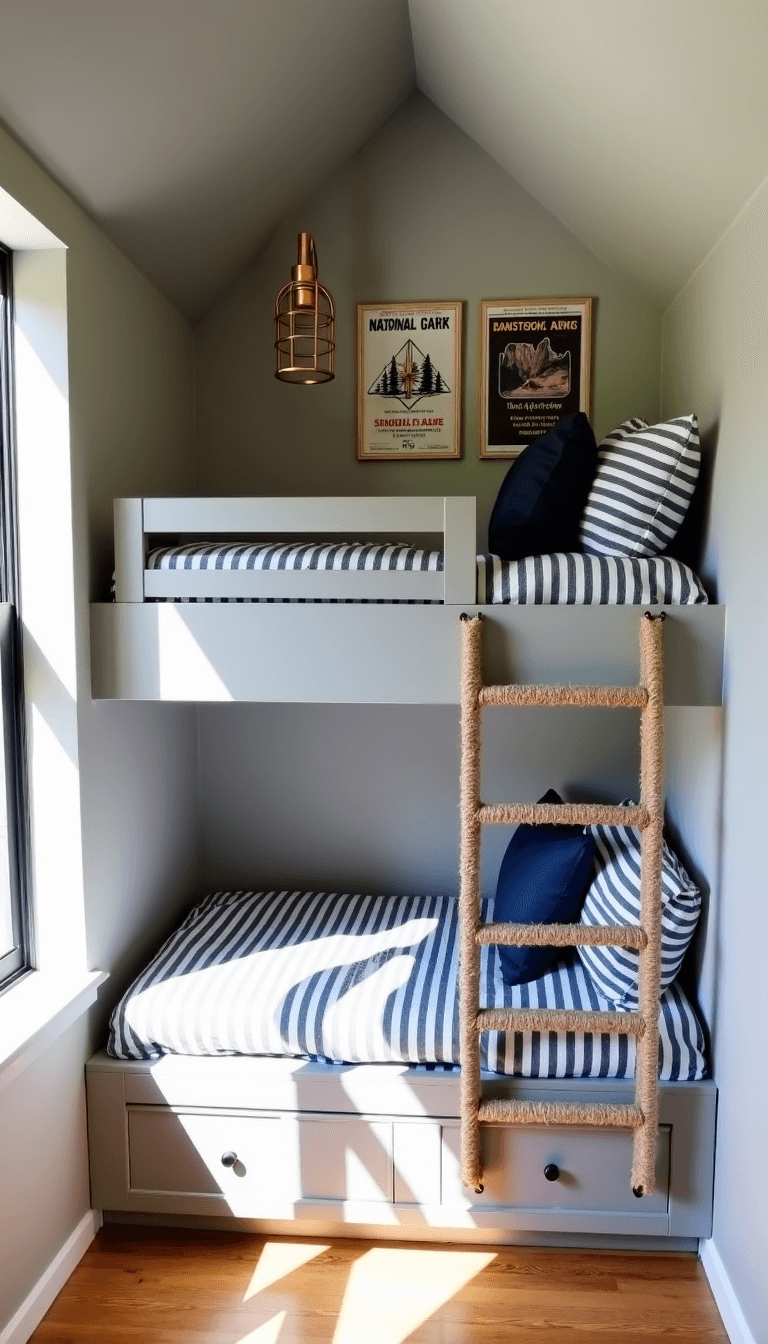 Small 10x12ft bunk room with cathedral ceiling, gray built-in twin bunks with navy and white striped bedding, rope ladder access, brass industrial cage sconces, vintage national park posters, compass art and shadow play illuminated by soft afternoon light.