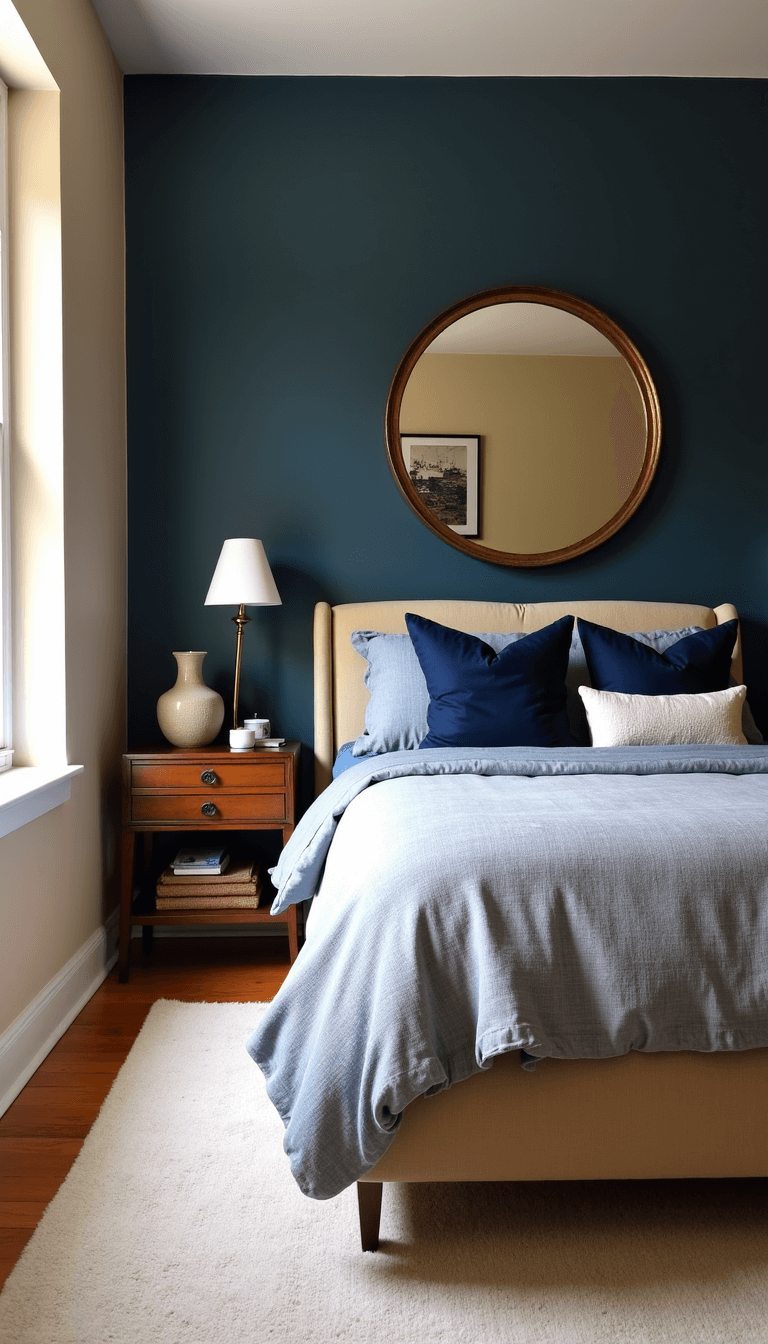 Cozy 11x13ft bedroom with warm afternoon glow, slate blue accent wall, oatmeal linen upholstered platform bed layered with tonal blue bedding, vintage brass mirror, high-pile cream rug, and ceramic table lamps.