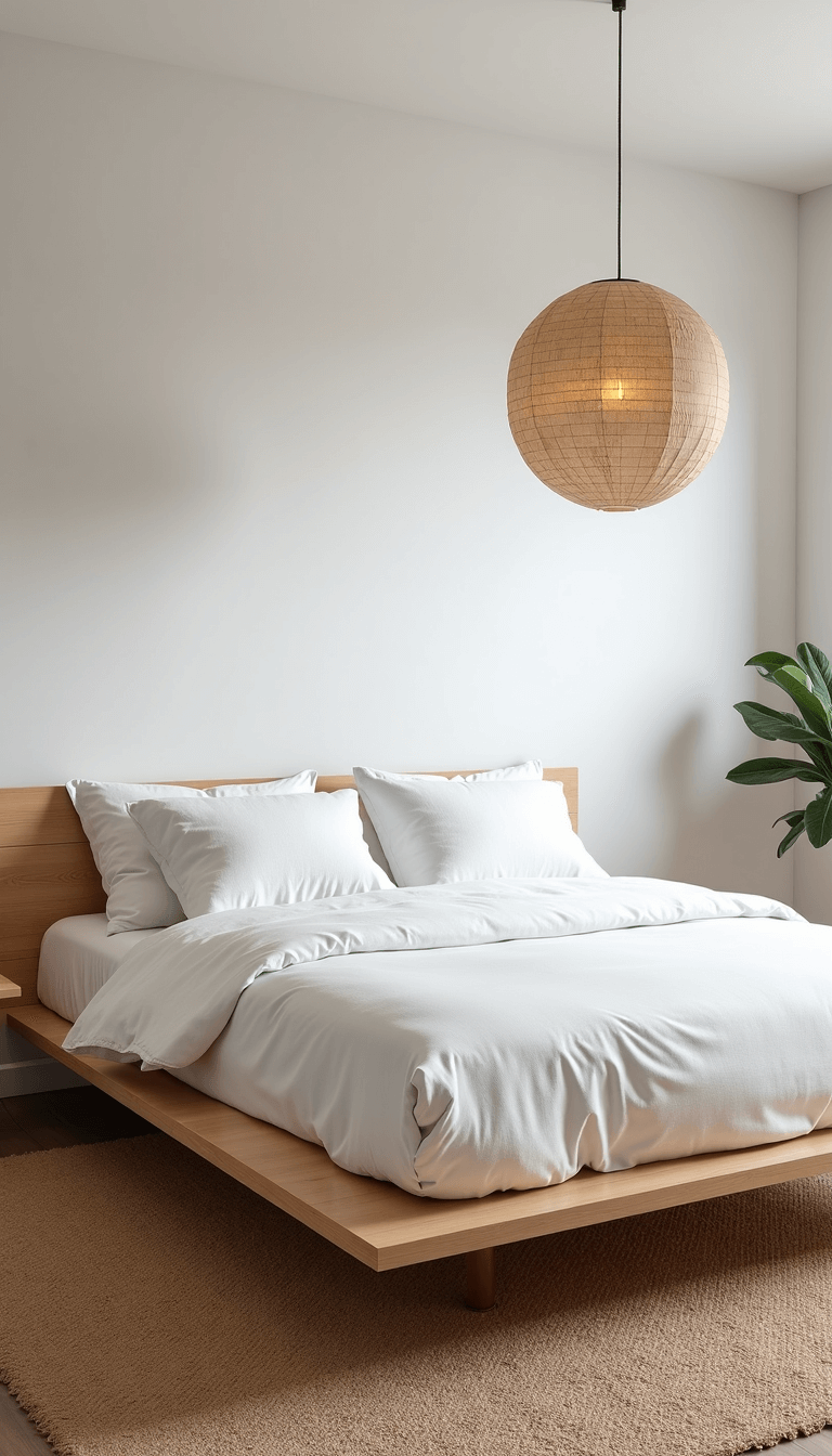 Minimalistic 13x15ft bedroom with a floating platform bed, cloud-white bedding, oversized paper lantern, light gray walls, and natural Jute carpet, captured using wide-angle lens at f/8.