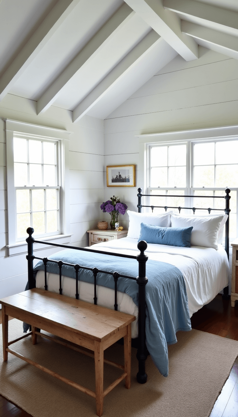 Bright and airy 14x16ft farmhouse-style guest room with white painted beams, board & batten walls, iron bed dressed in crisp white linens and chambray blue quilt, mullioned windows with mid-morning sunlight, distressed wooden bench, vintage decorations, and woven baskets.