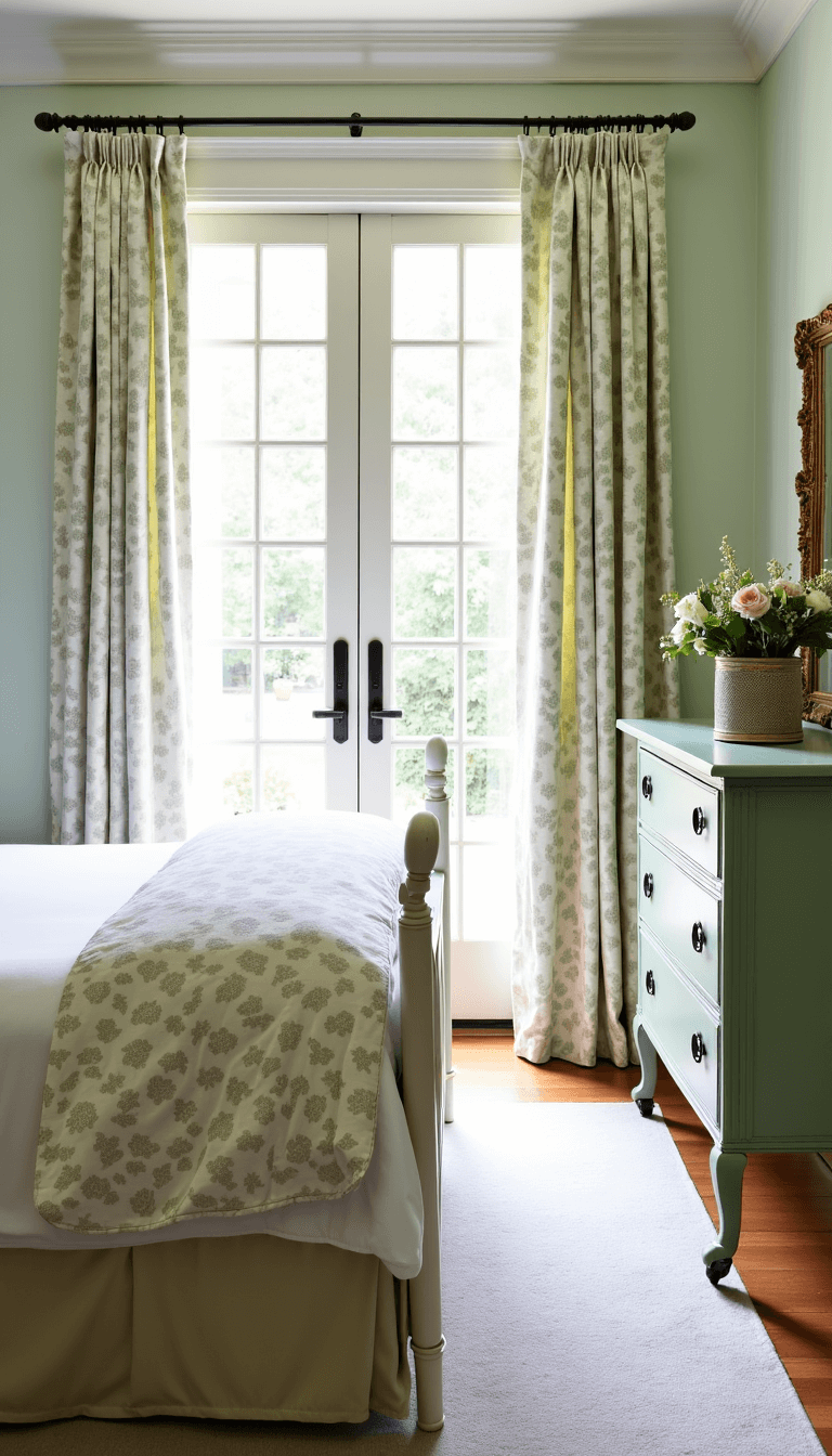 French doors of a 10x12ft Garden Suite opening to a private patio, morning light shining through botanical print curtains, white Jenny Lind bed with ditsy floral bedding, vintage dresser with fresh flowers and brass mirror, botanical art collection in an English cottage style room with garden-inspired palette.