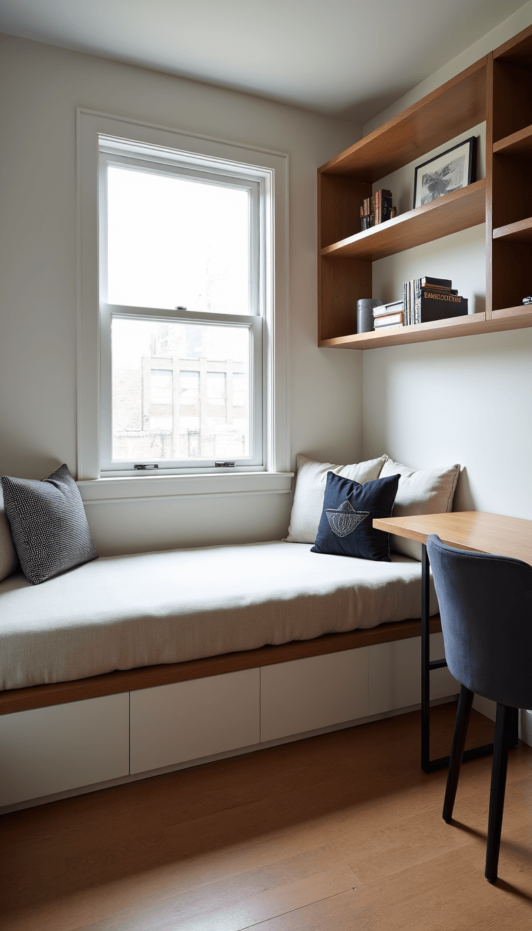 Aerial view of a 9x11ft multifunctional studio space, boasting contemporary design with wall-mounted desk, convertible sofa, window seat and floating shelves, all bathed in mid-day natural light and task lighting.
