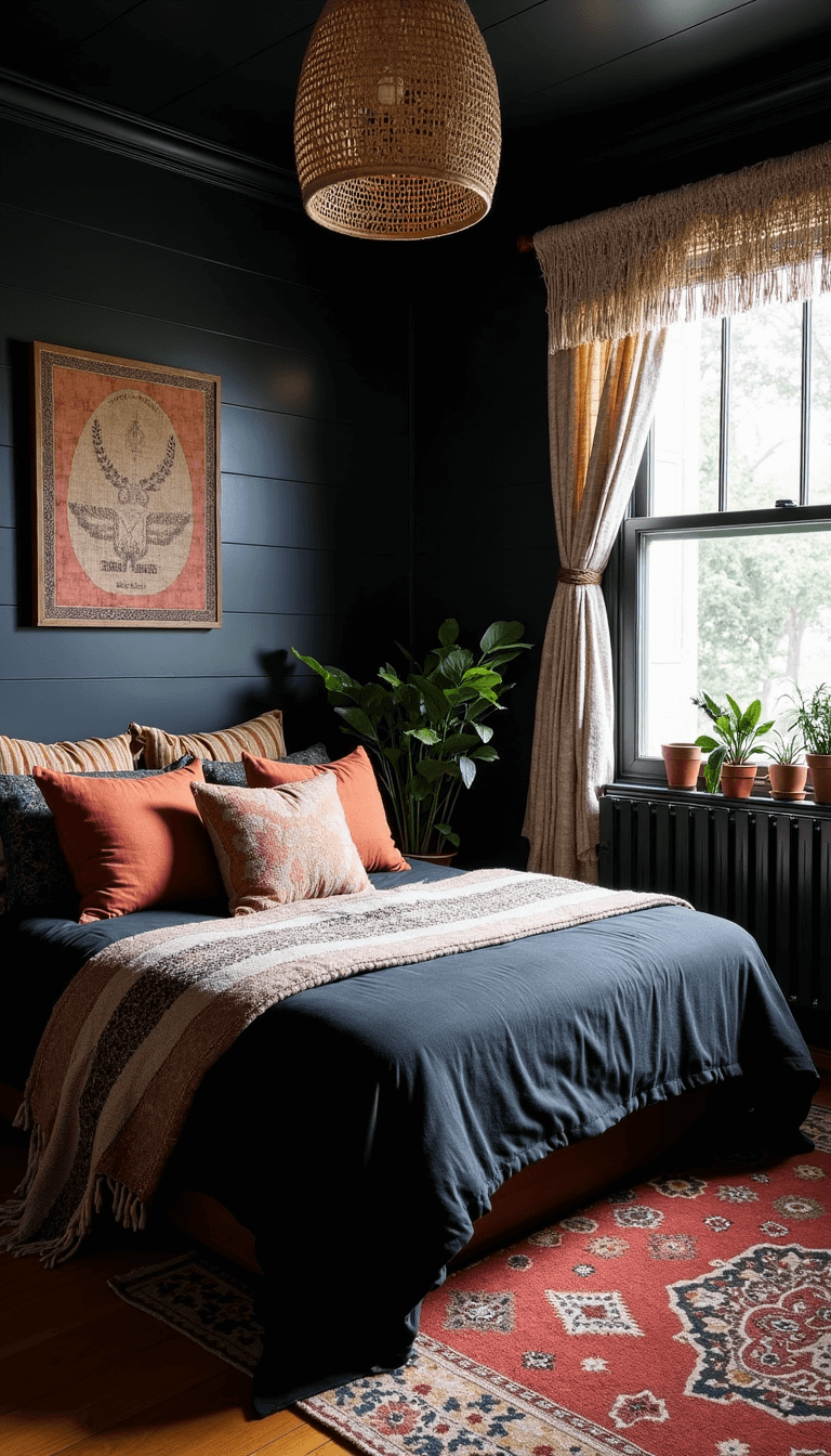 An eclectic and inviting bohemian style bedroom in black with natural light casting intricate shadow play from macramé curtains, featuring a low-profile bed layered with vintage Moroccan textiles, black linen duvet, and mudcloth pillows, rattan pendant lighting, and potted plants against a black shiplap accent wall.