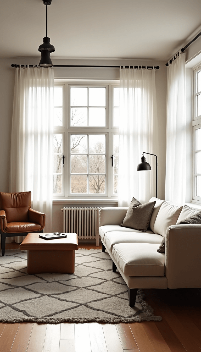 Sunny Scandinavian living room with floor-to-ceiling windows, cream linen sofa, leather accent chairs, and wool rugs in muted color palette