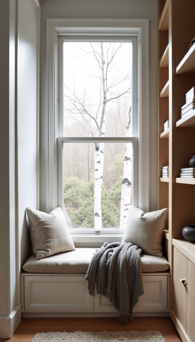 Nordic reading nook in an 8x10ft alcove featuring double height windows overlooking birch trees, built-in window seat with oatmeal linen cushions, storage drawers, gray knit throws, floating ash wood shelves filled with ceramics and art books, highly emphasizing natural light and hygge atmosphere.