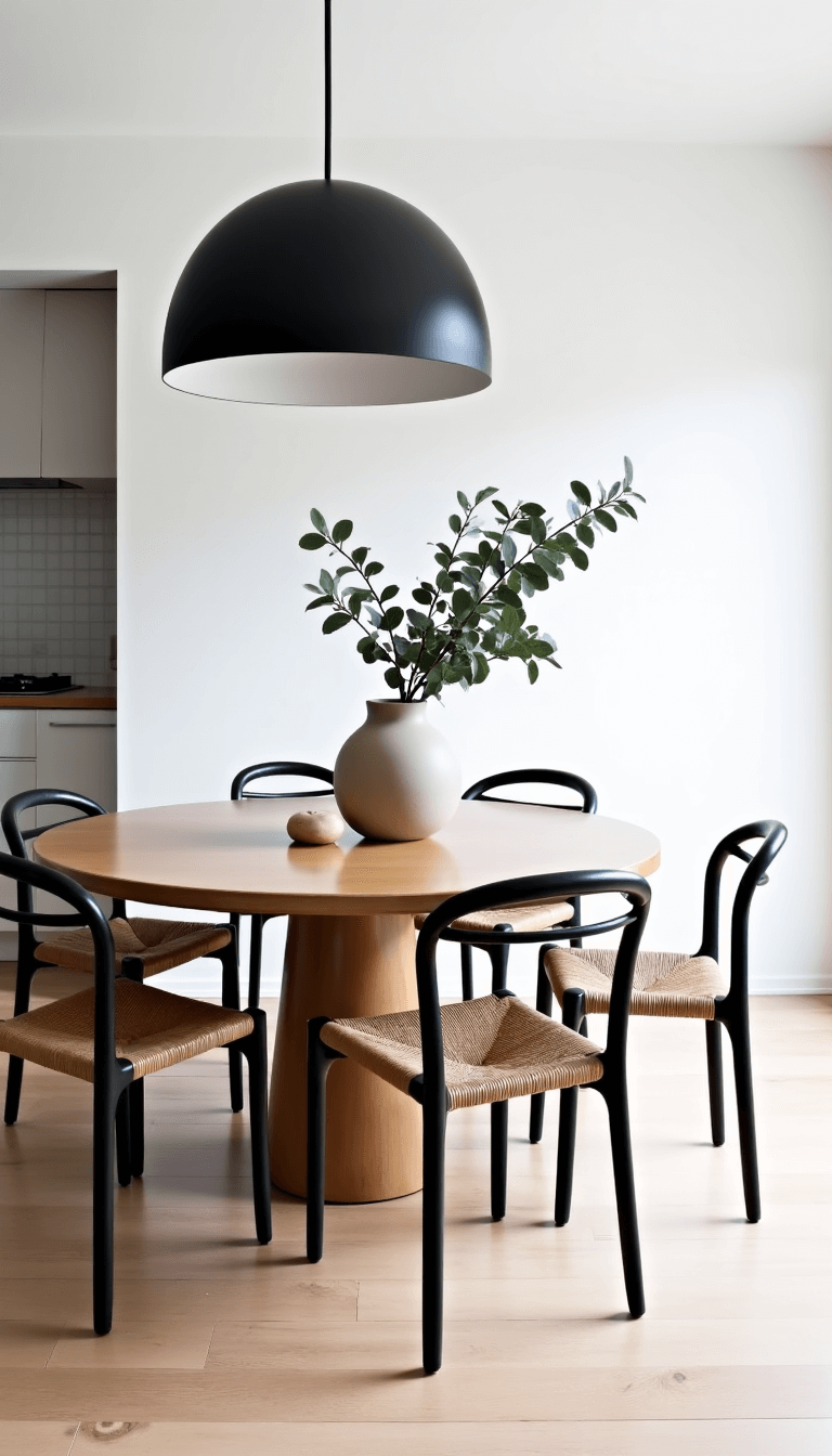 Scandinavian minimalist dining area with a black pendant light hanging over a round oak table, four wishbone chairs, and a large ceramic vase with a eucalyptus branch, all surrounded by white oak floors under diffused daylight.