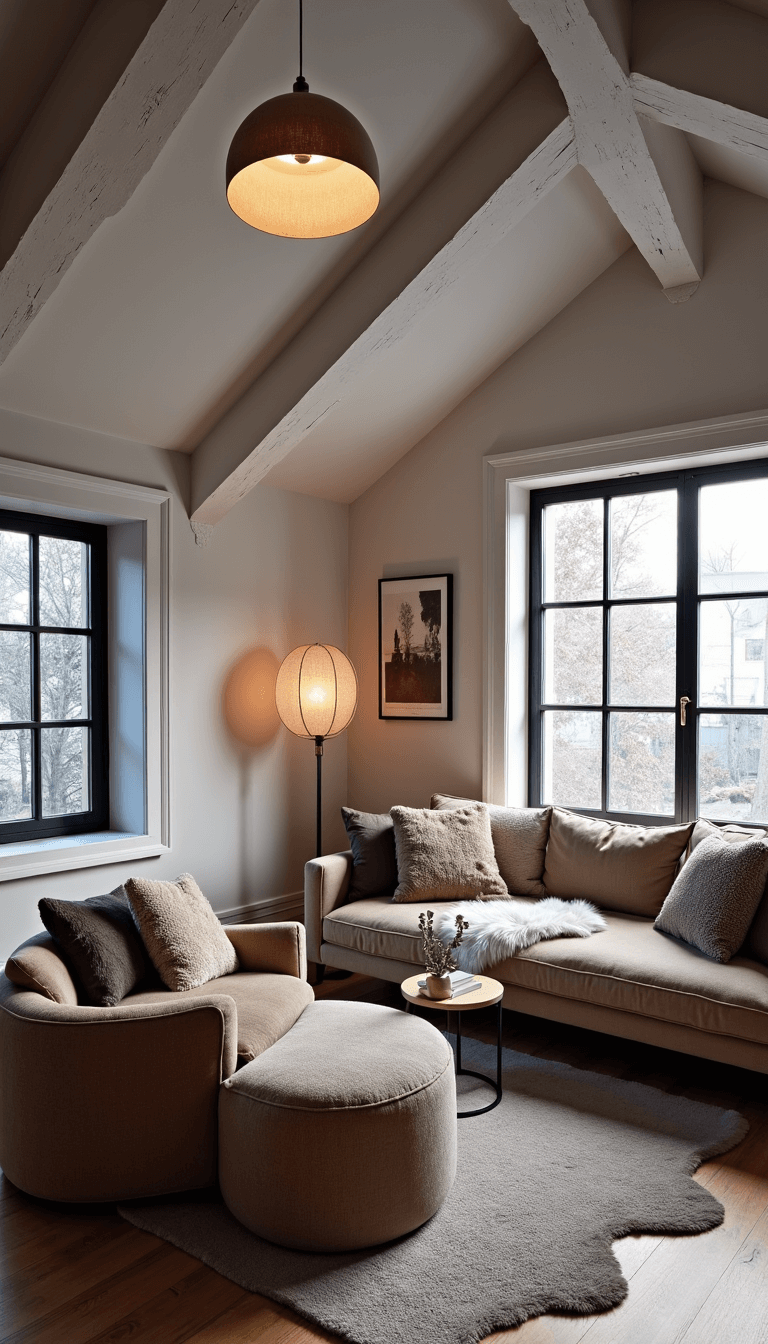 Cozy Nordic style living room with white-painted exposed beams, plush seating, steel-framed windows, layer of sheepskin throws and an intimate atmosphere created by dusk lighting.
