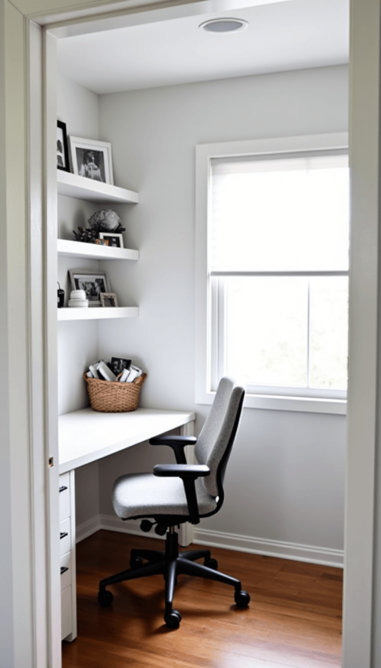 Scandinavian styled home office with full-wall built-in desk, floating shelves showcasing black and white photography, ergonomic light gray wool chair, and handwoven basket with rolled prints