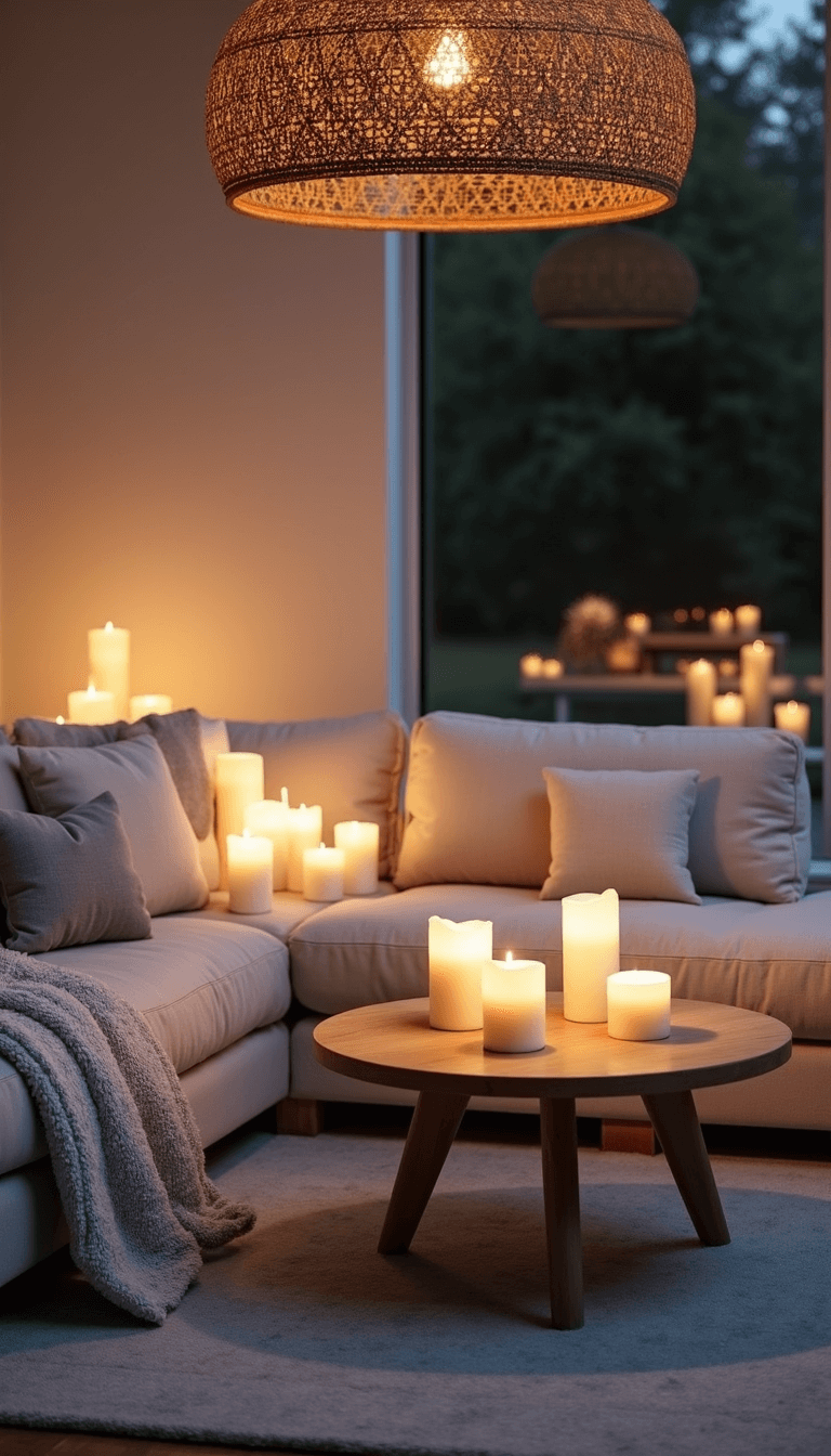 Cozy and minimal hygge-styled living space at blue hour; featuring ivory pillar candles, oversized linen sectional with textured throws, whitewashed round oak coffee table, and a woven pendant light casting intricate shadows.
