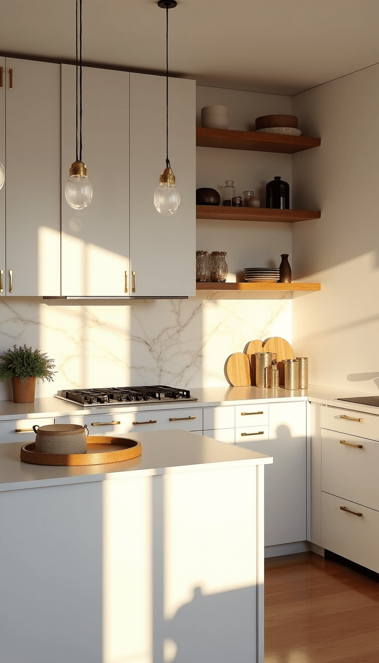 Scandinavian-style kitchen bathed in early morning light, featuring white cabinets with slim brass handles, open shelving with artisanal ceramics, marble backsplash, and frosted glass pendant lights above the island