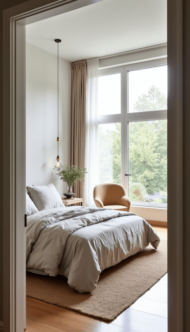 Spacious Nordic bedroom sanctuary with floor-to-ceiling windows, soft rumpled linen bedding, minimalist pendant lights, curved reading chair in cream, and a natural jute rug, emphasizing serene atmosphere with a view of lush garden in soft morning light.