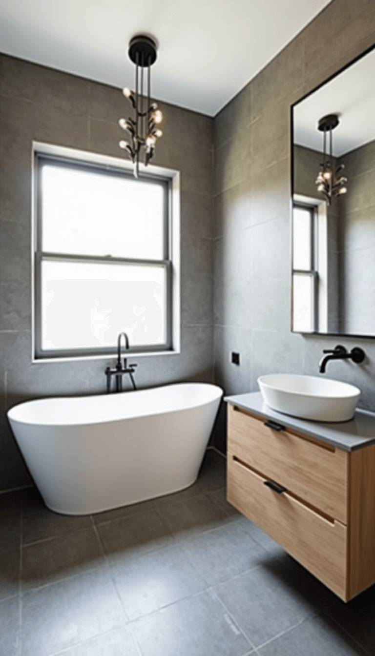 Scandinavian styled bathroom featuring a matte white freestanding tub, modern chandelier, gray concrete-looking tiles, bleached oak floating vanity with vessel sink, and contrasting black fixtures. Large window offers serene atmosphere and natural lighting.