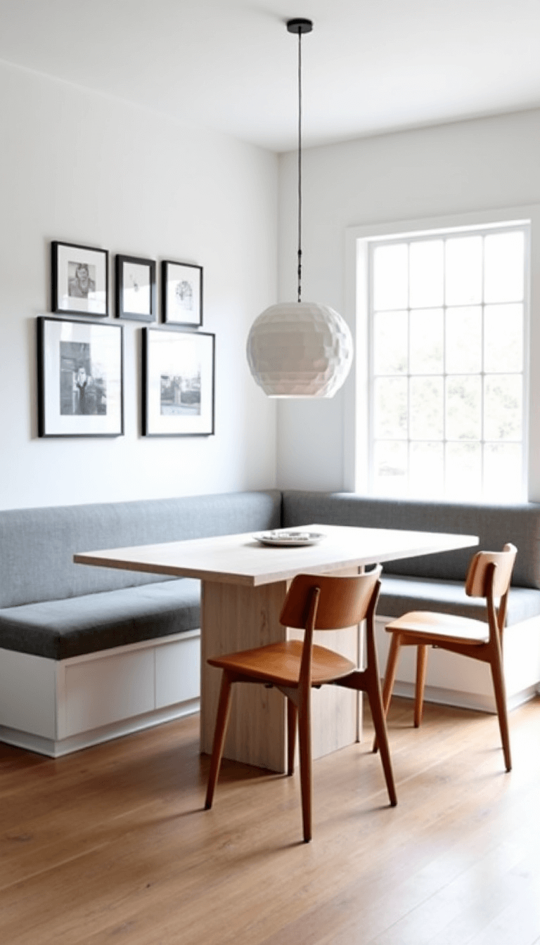 Modern Nordic dining nook featuring a pale gray wool banquette, whitewashed oak pedestal table, wooden chairs, and ceramic pendant. Gallery wall with black and white photography and natural lighting.