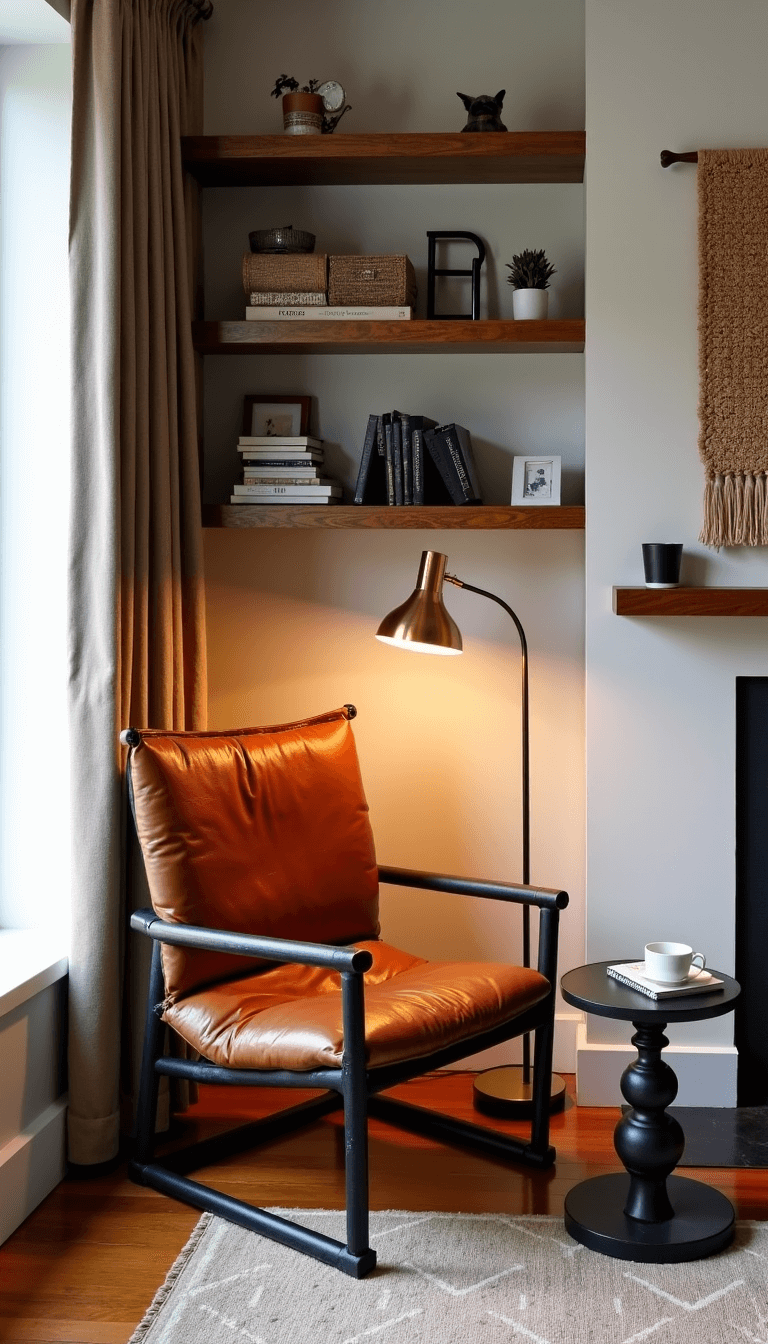 Scandinavian study corner in living room featuring a cognac leather sling chair, a brushed brass floor lamp, floating shelves with books, a handwoven wall hanging, and a round black metal side table holding a coffee cup and book, all illuminated by warm evening light.