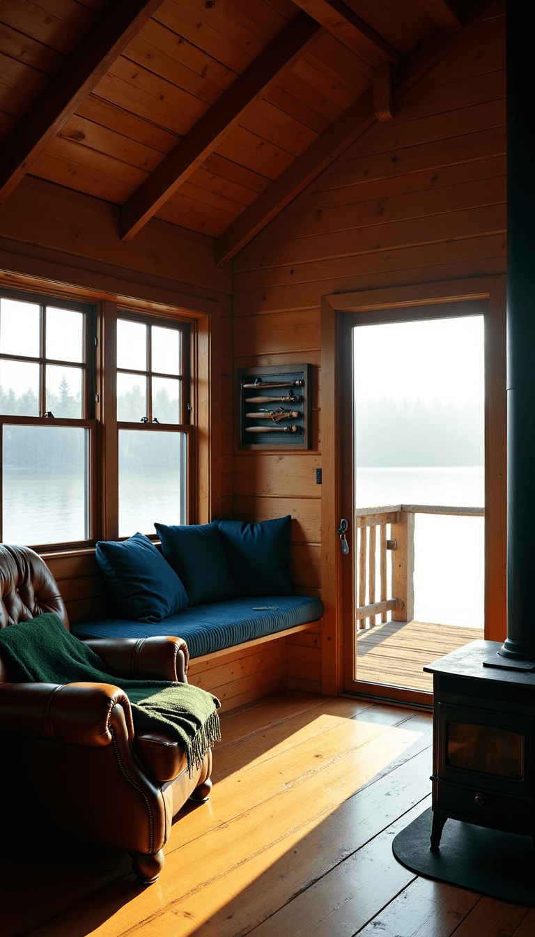 Early morning sunlight illuminating a cozy 12x14ft fishing cabin with exposed pine beam ceiling, weathered oak flooring, a compact cast iron stove, a vintage leather armchair with a green wool throw, and a built-in window seat with navy cushions and fishing rod rack above.