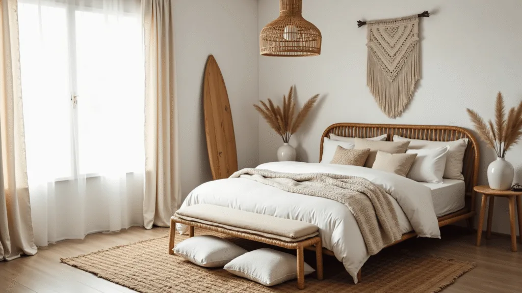 "Boho-inspired coastal bedroom interior with rattan bed, macramé wall décor, jute rug, pendant light, pampas grass in vases, and a vintage surfboard."