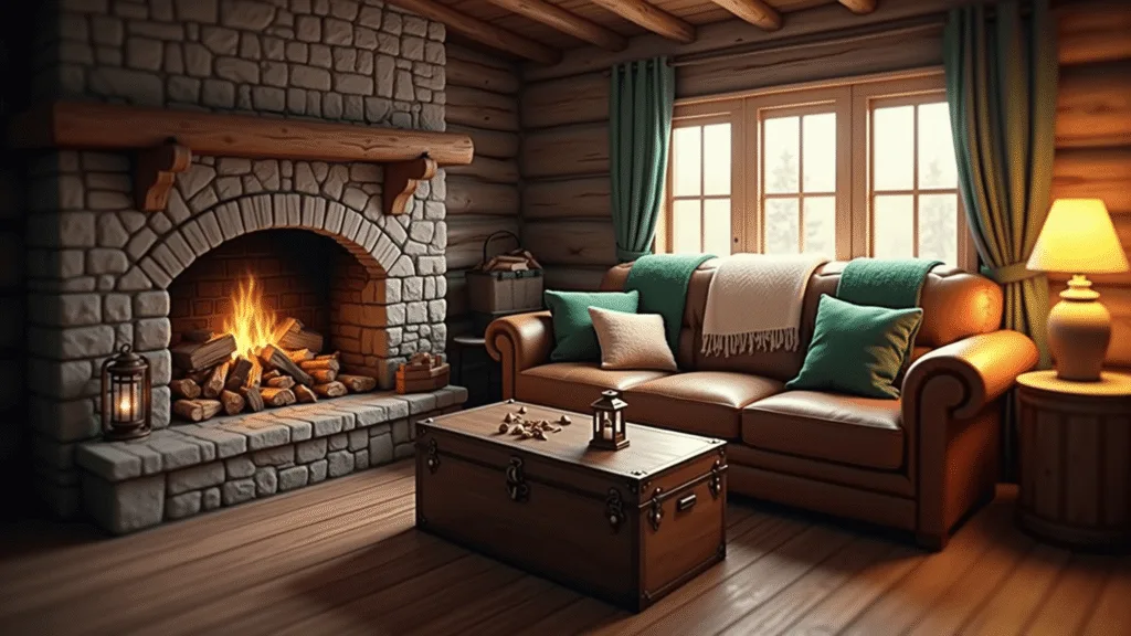 "Cozy cabin living room with a stone fireplace, leather sofa, wooden trunk table, and warm lighting."