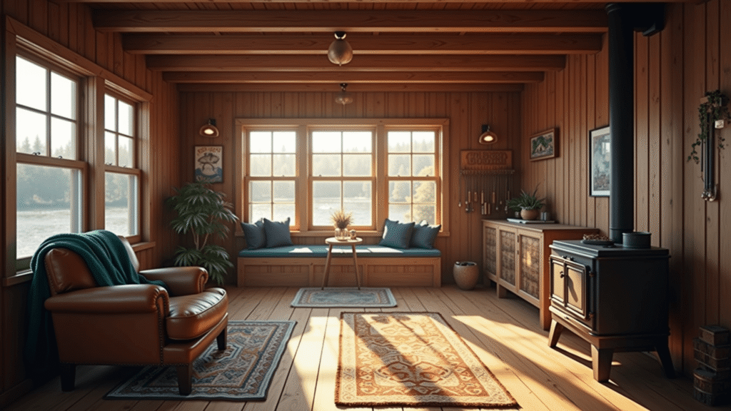 "Sunlit interior of a cozy fishing cabin with vintage decor and a glowing cast iron stove in the morning."