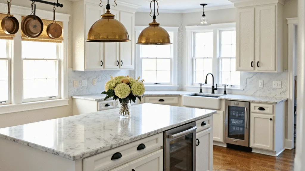 "Elegant kitchen with marble island, brass accents, and morning sunlight filtering through windows"