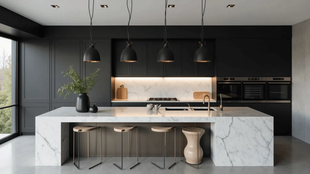 "Modern black kitchen with white marble island, brass accents, and moody lighting"