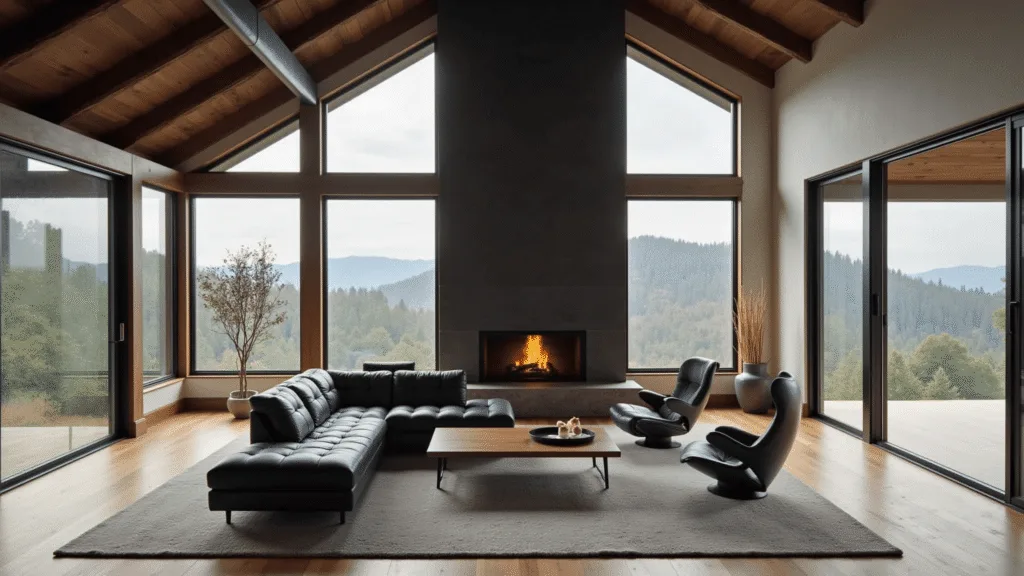 "Modern cabin living room interior with high ceiling, black exposed beams, floor-to-ceiling windows revealing mountain view, a charcoal leather sectional, a floating fireplace, wool rug, oak table, minimal decor, in golden hour lighting."