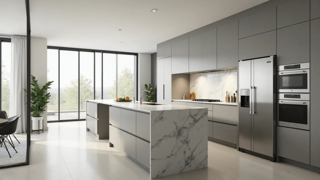 "Modern gray kitchen with marble waterfall island, stainless steel appliances, and minimalist decor"