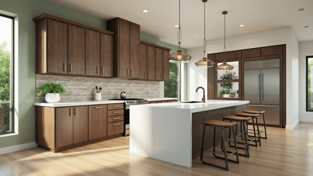 "Sunlit luxury kitchen with walnut cabinets, waterfall island in white quartz, sage green accent wall, bronze pendant lights, and stone backsplash"