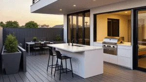 "Modern minimalist outdoor kitchen on a contemporary deck at sunset, with white island, black fixtures, LED-lit concrete countertop, and stainless steel grill"