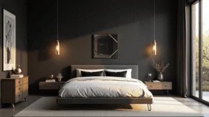 "Elegant black bedroom with floor-to-ceiling windows, floating platform bed, brass pendant lights, rich wood accents, and abstract wall art"