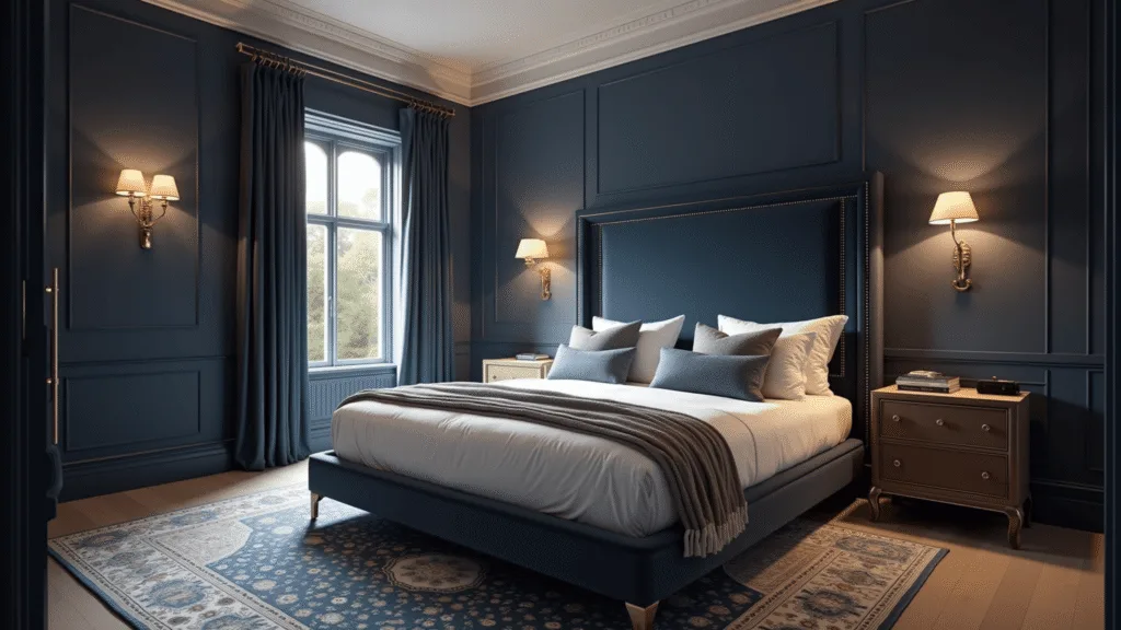 "Luxurious moody blue bedroom with velvet bed, brass accents, and Persian rug in soft evening light"