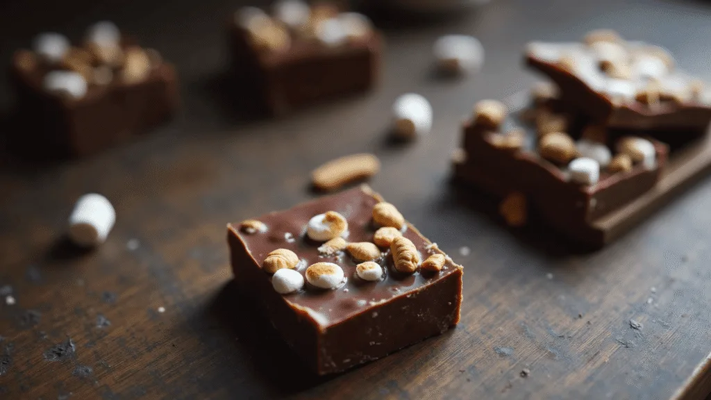 "Dark chocolate fudge with marshmallows and nuts on a rustic wooden surface"